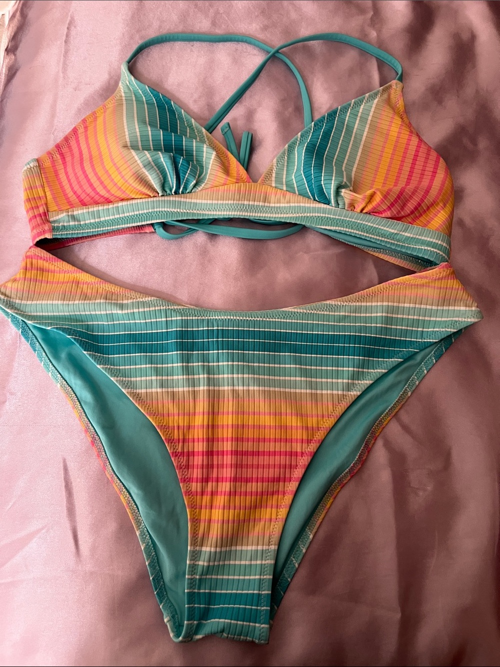 Striped Teal, Yellow & Pink Ribbed Bikini Set